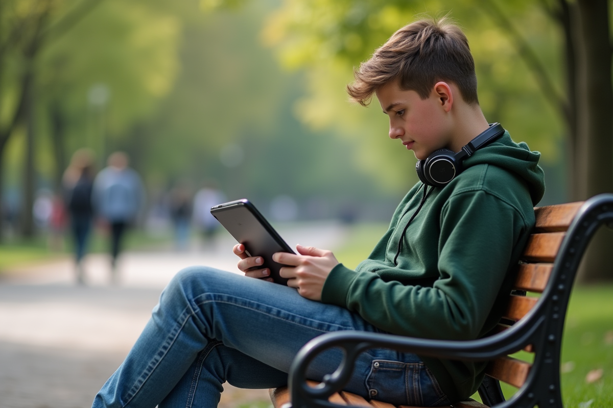 Adolescent utilisant une tablette dans un parc en extérieur
