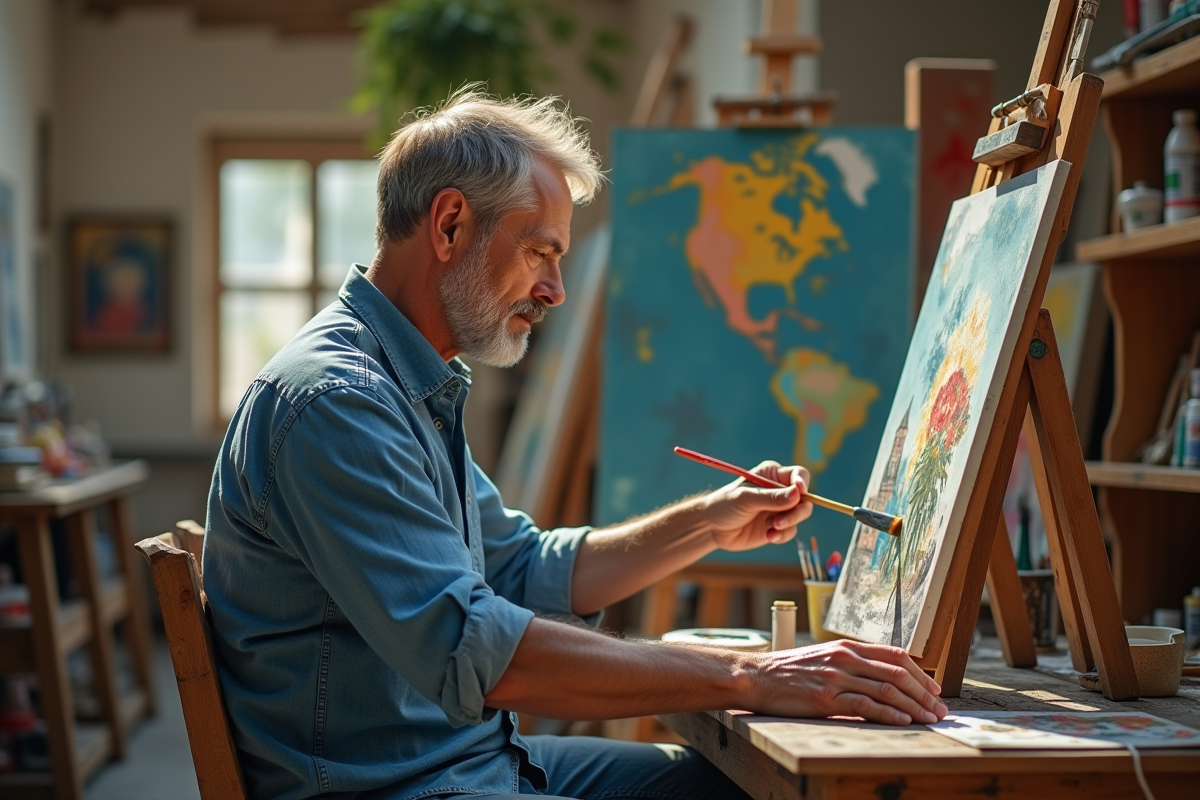 Artiste en plein travail dans son atelier avec œuvres colorées