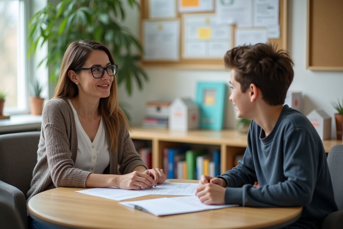 Une conseillère scolaire en conversation avec un élève