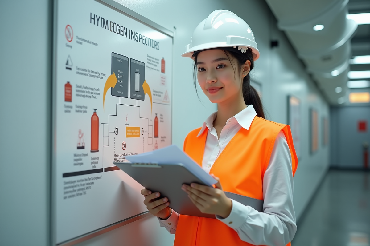 Inspectrice sécurité vérifiant affichage de risques hydrogene