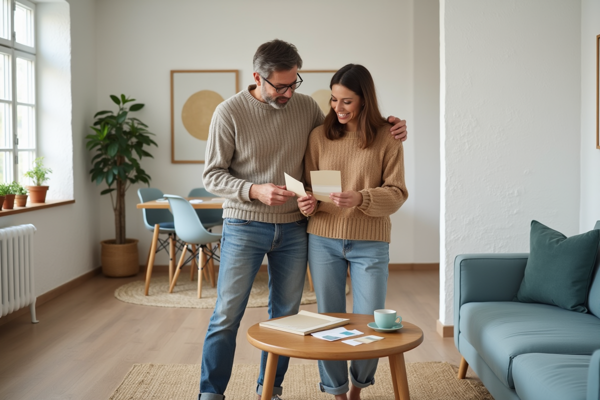 Couple discutant des échantillons de peinture dans un salon chaleureux