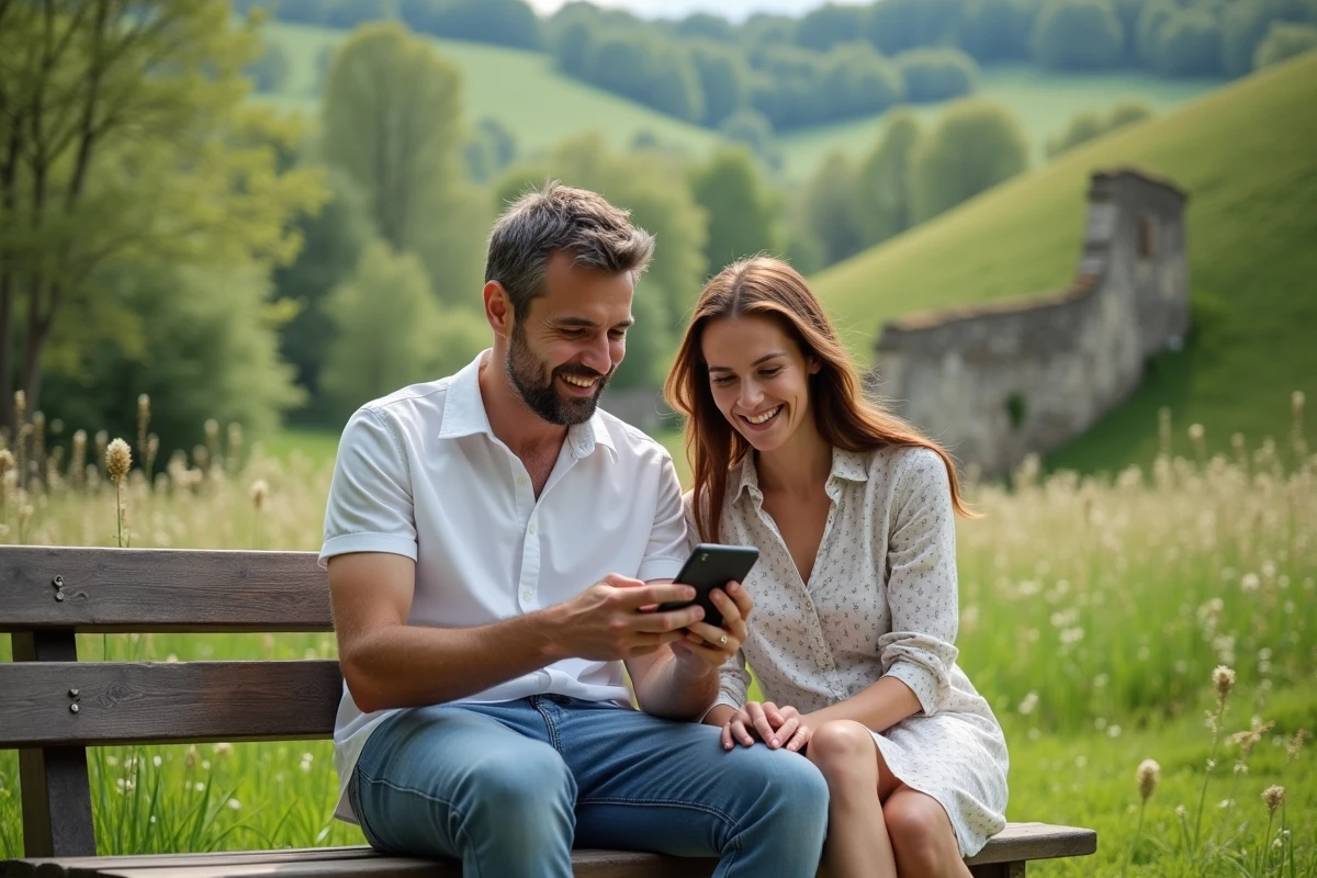 Couple consultant une application de congés et ponts sur smartphone en pleine nature française