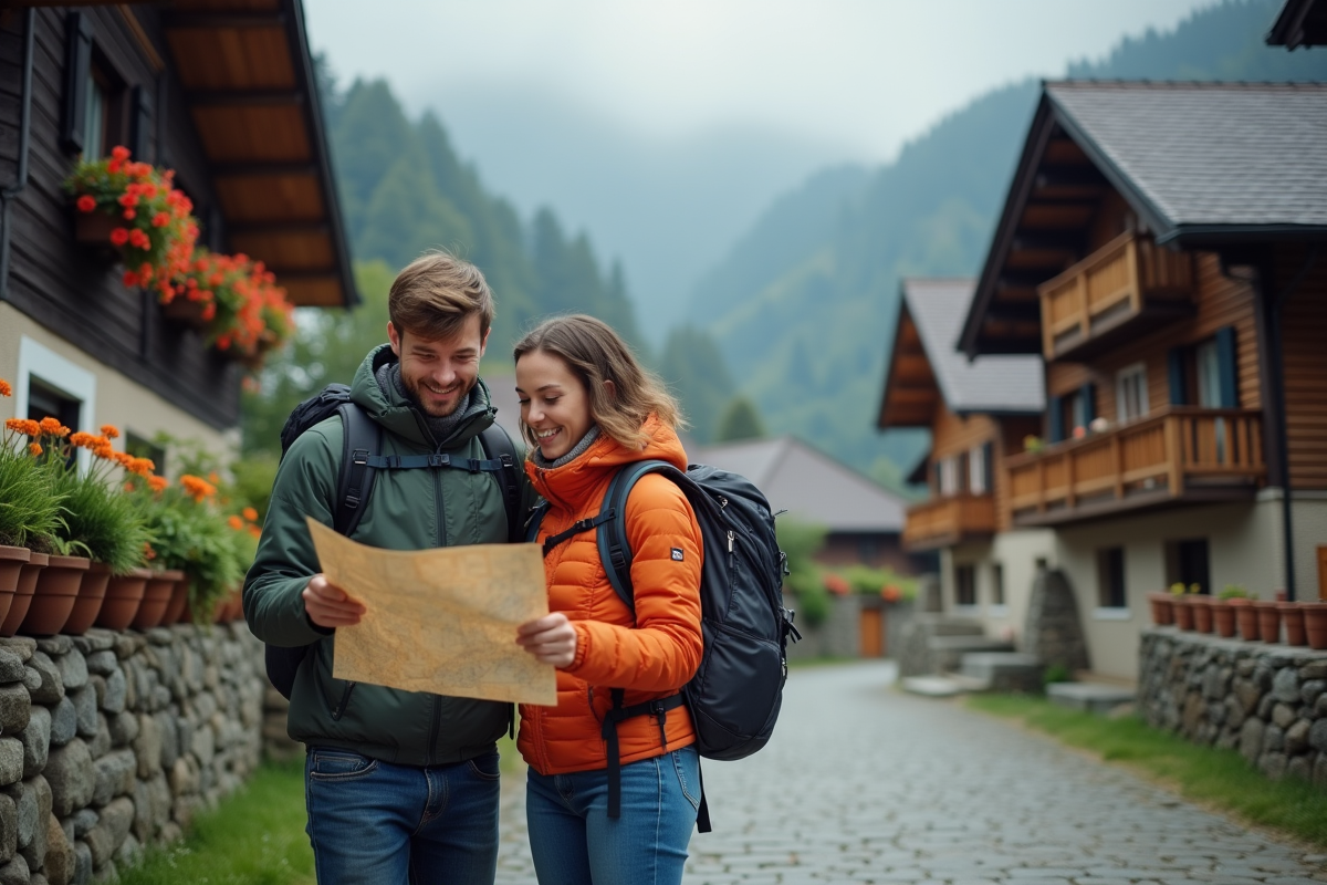 Jeune couple avec carte dans un village de montagne