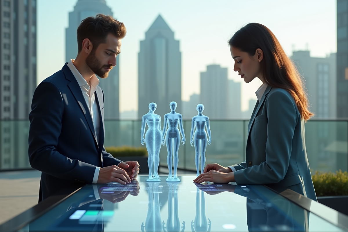 Deux designers mode collaborant sur un rendu 3D en extérieur