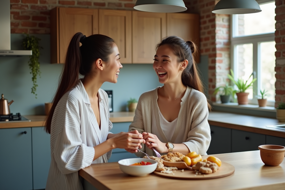 Deux femmes rient en préparant le petit déjeuner dans une cuisine urbaine