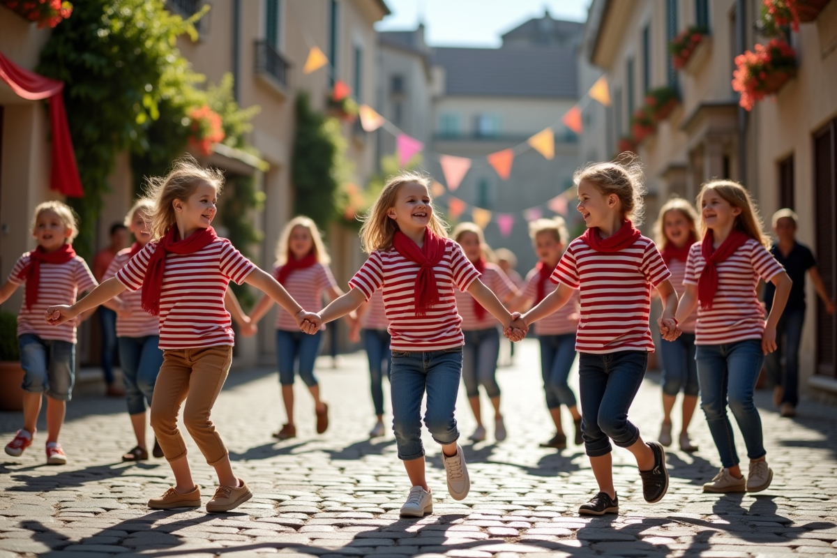 Enfants et adultes dansant la farandole dans une place ensoleillée