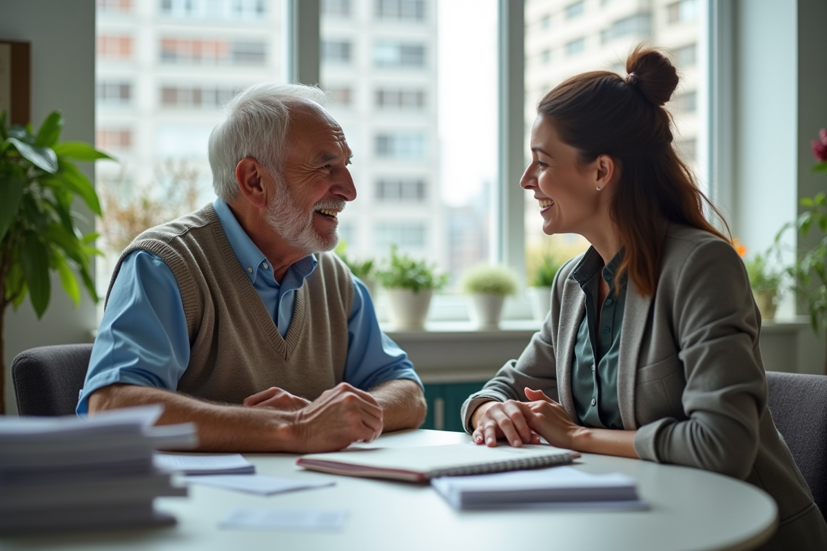 Homme âgé discutant avec une assistante sociale dans un bureau lumineux