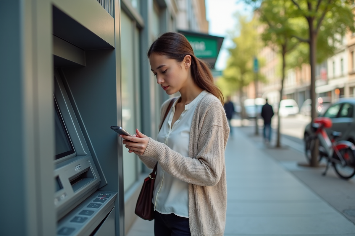 Jeune femme utilisant un distributeur et son smartphone