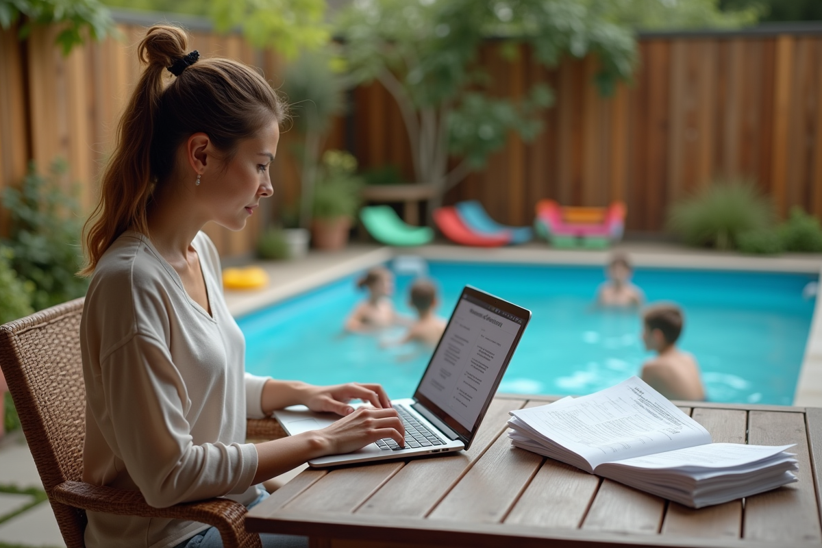 Jeune femme avec ordinateur près de la piscine en famille