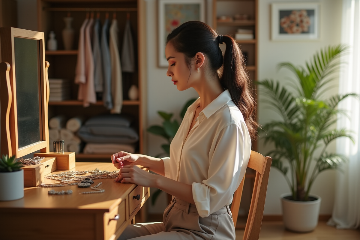 Jeune femme arrangeant des bijoux dans sa chambre
