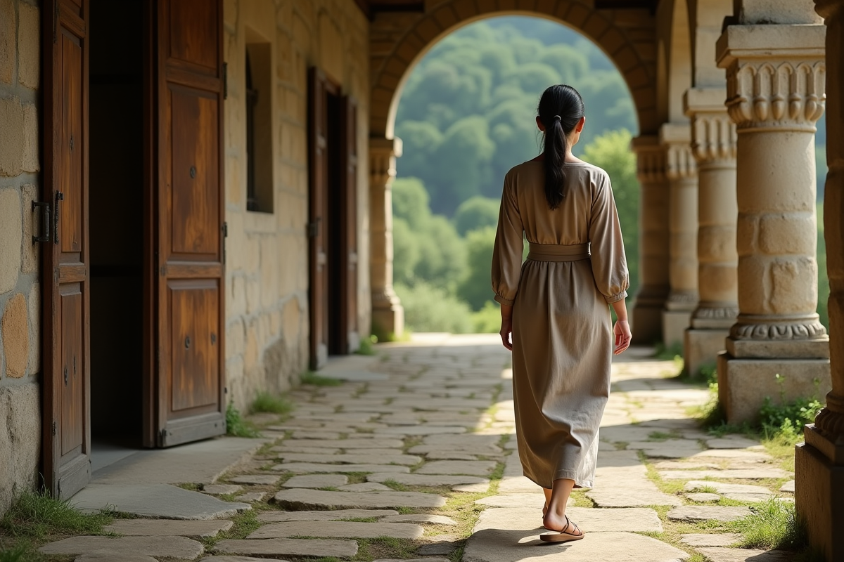 Jeune femme marchant dans un couloir en pierre dans un monastère