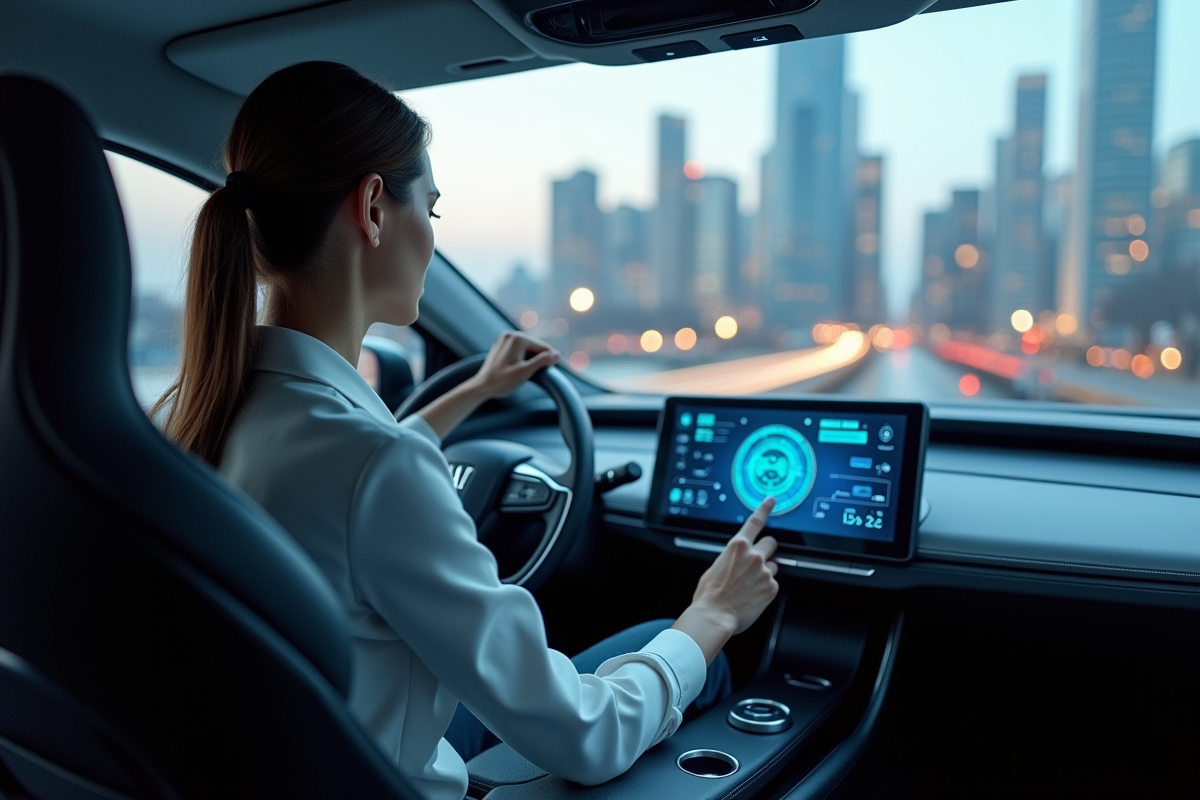 Jeune femme dans une voiture futuriste interactant avec l