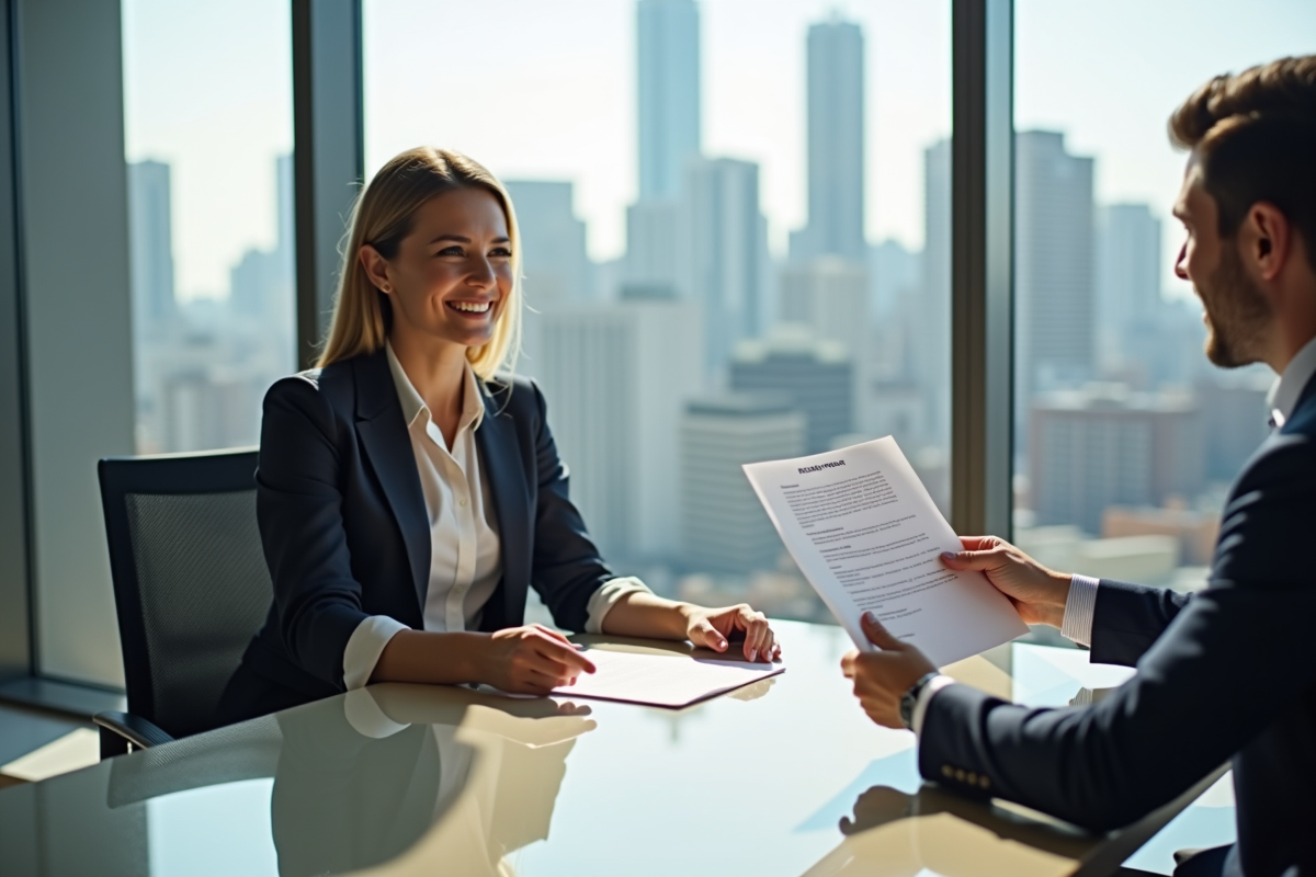 Femme souriante remettant un contrat à un agent immobilier dans un bureau lumineux