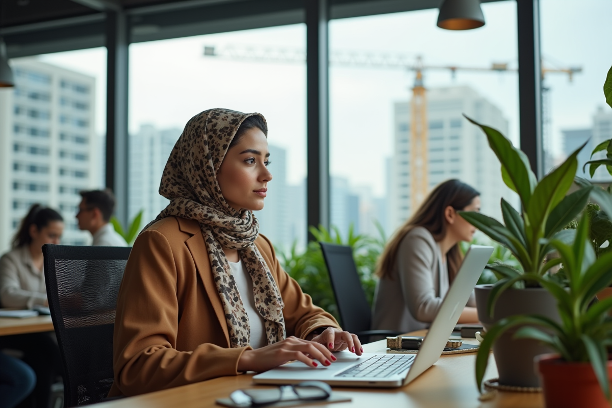 Jeune femme dans un espace de coworking dynamique