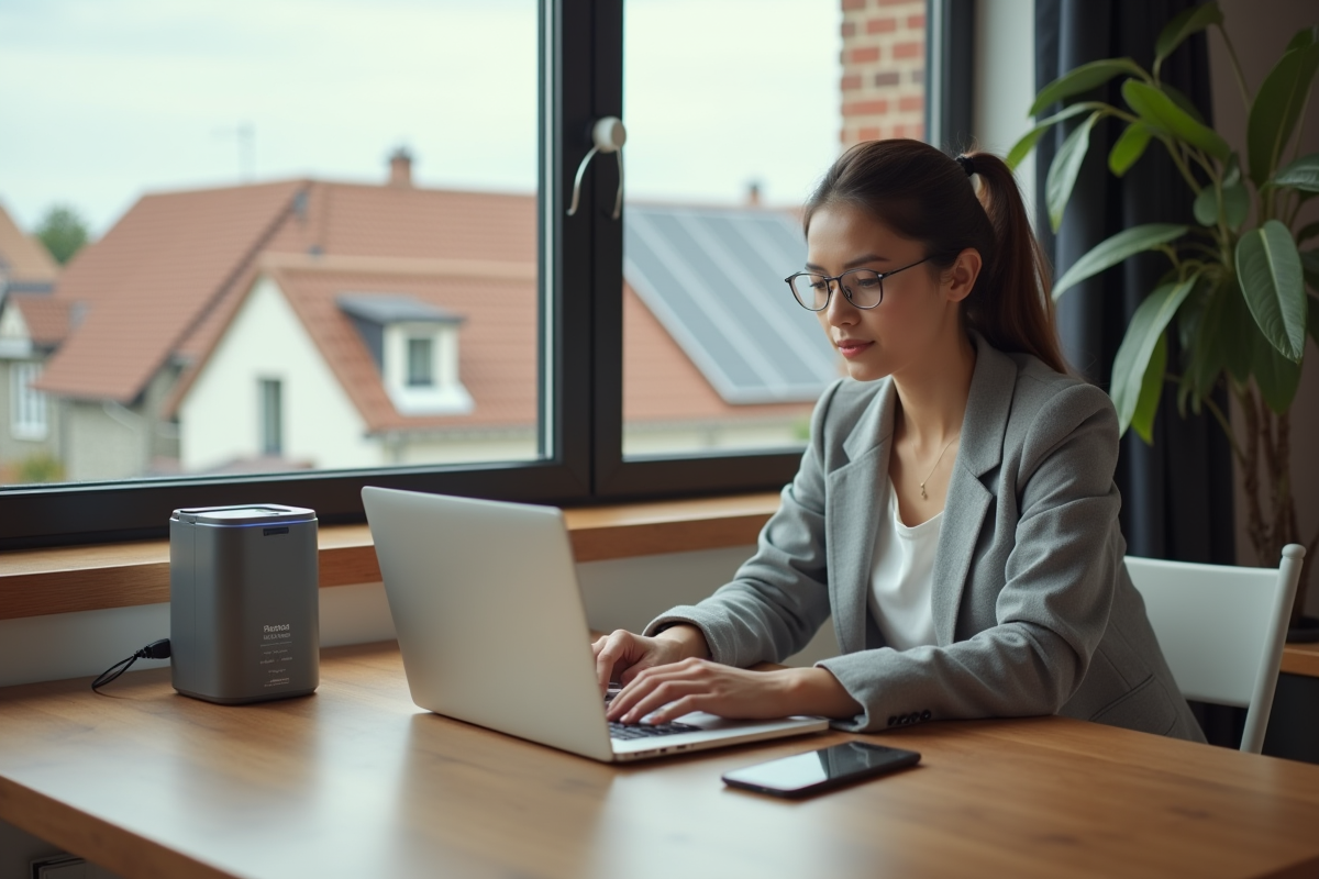 Jeune femme utilisant un ordinateur dans une cuisine avec panneau solaire