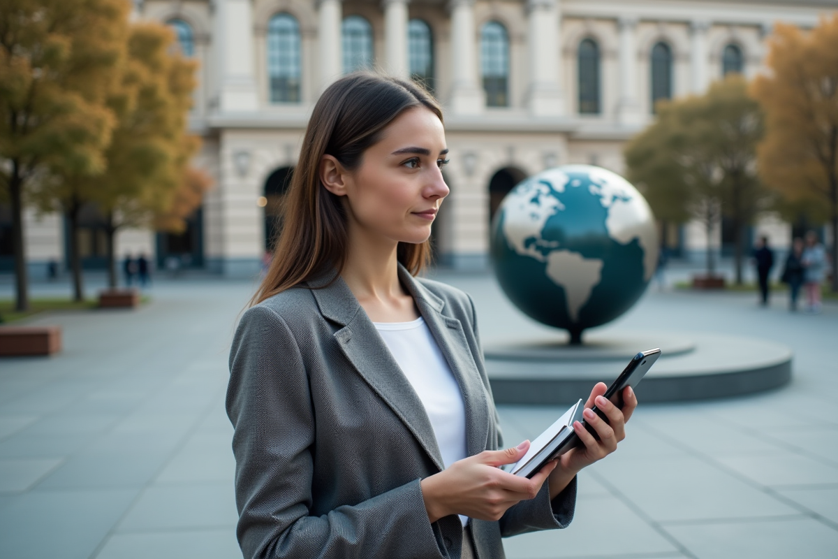 Jeune femme avec globe dans une place urbaine