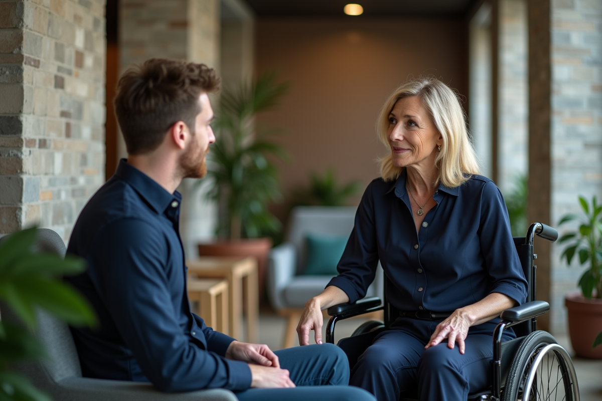 Femme en fauteuil discutant avec un collègue dans un lounge