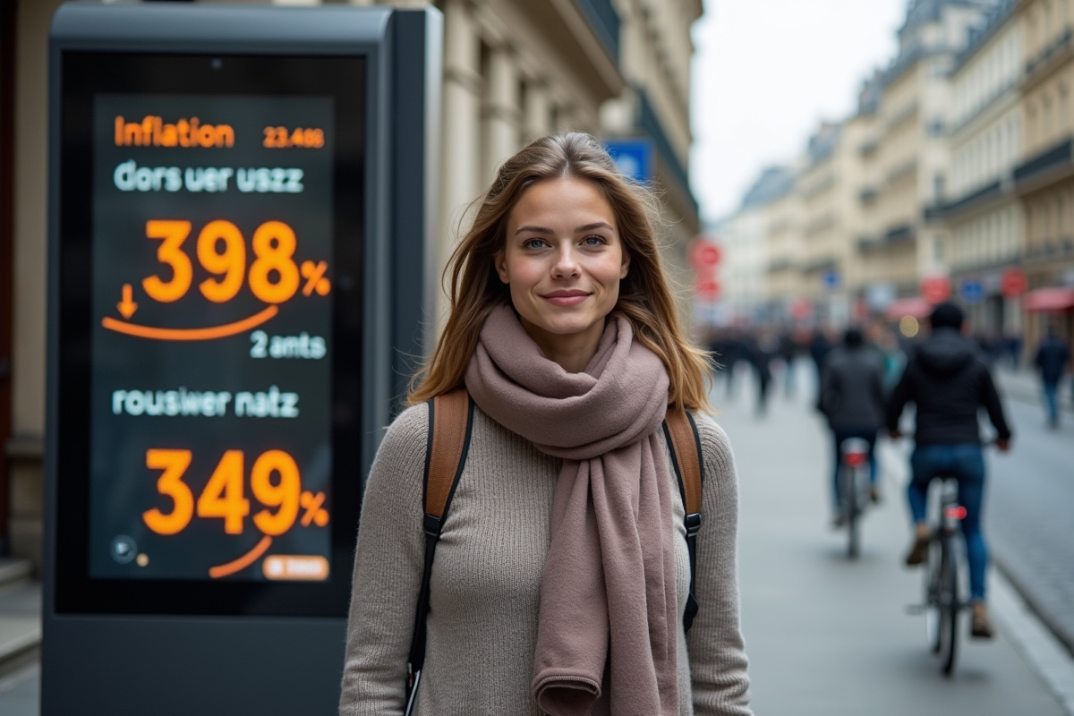 Jeune femme française regardant une affiche de statistiques économiques