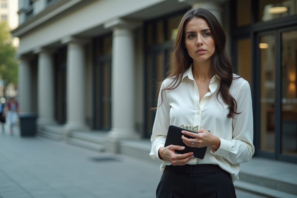 Jeune femme préoccupée devant une banque avec un portefeuille