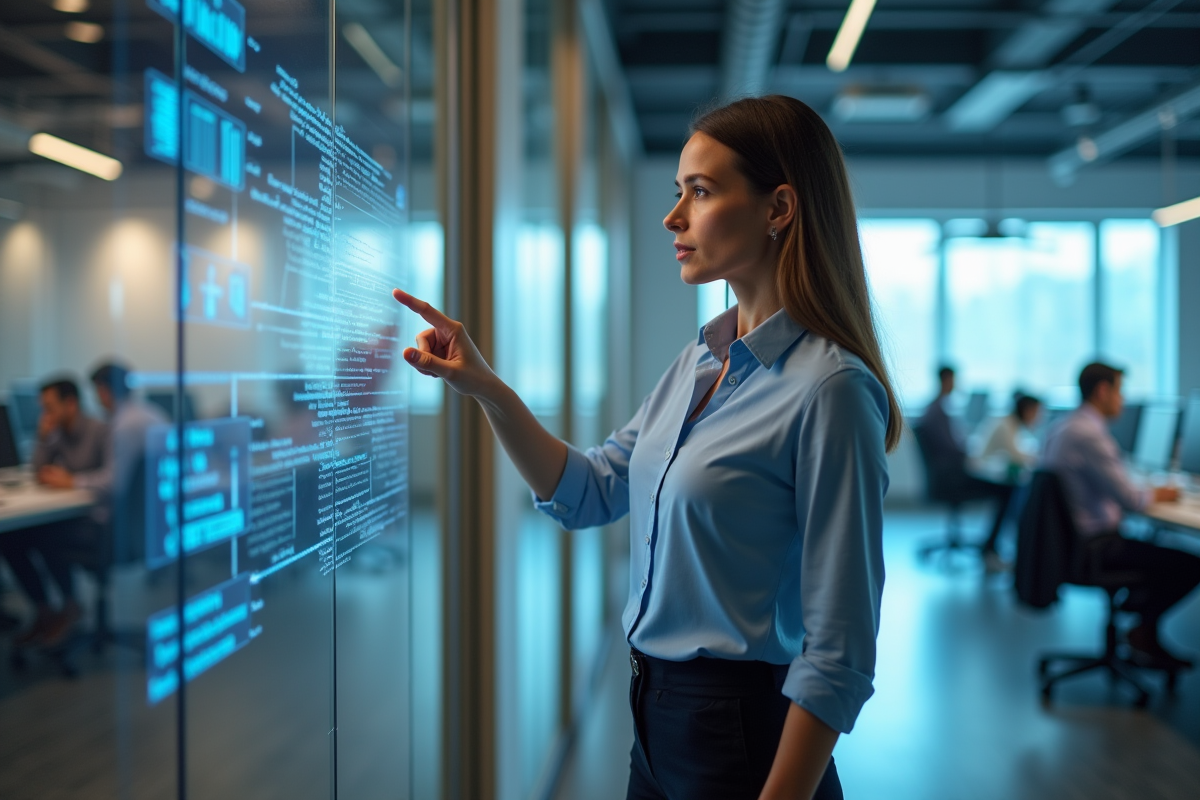 Femme confiante utilisant un mur interactif en open space