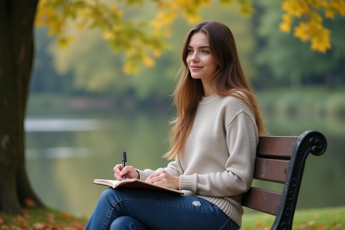 Jeune femme écrivant dans un journal au parc en automne