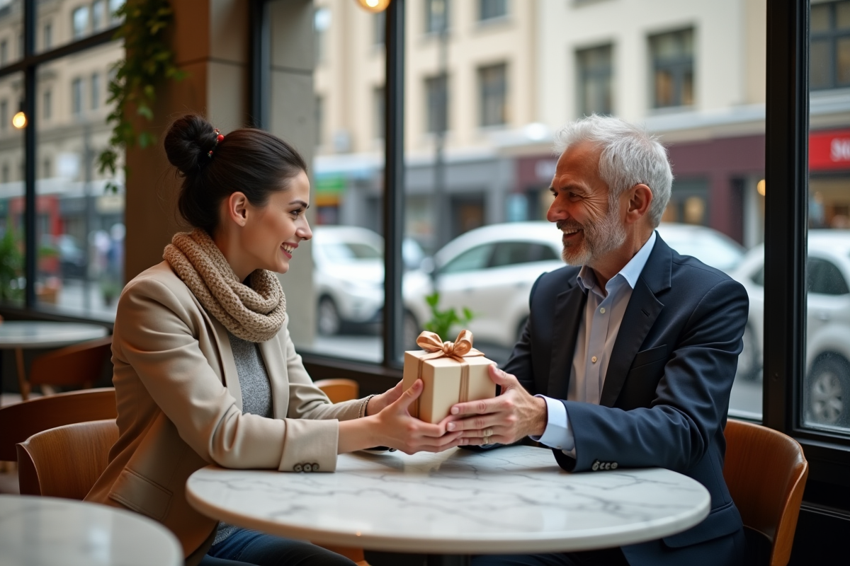 Jeune femme offrant un cadeau à un investisseur dans un café