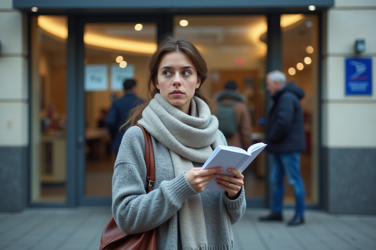 Jeune femme avec livret d’épargne devant la poste
