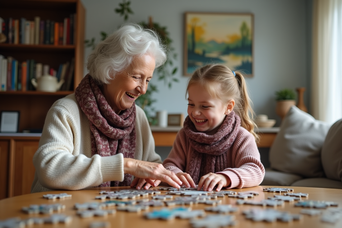 Une grand-mère et une petite fille assemblant un puzzle dans un salon