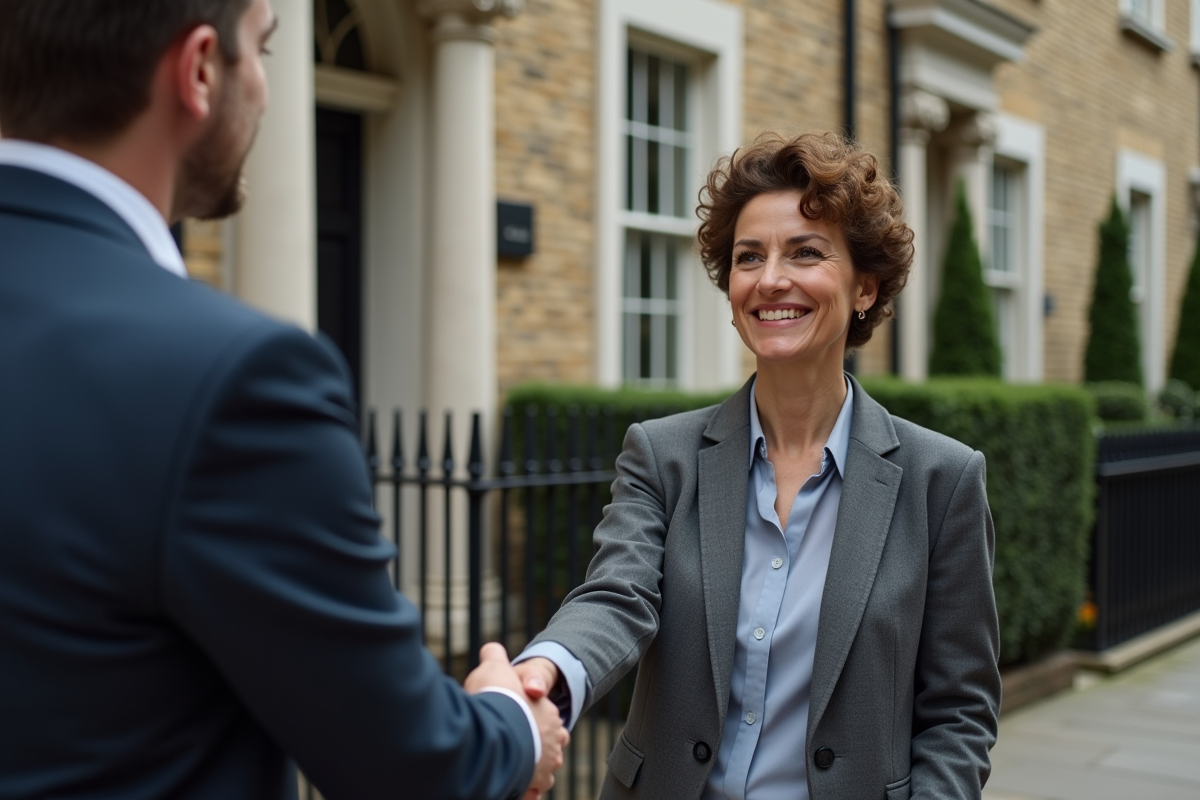 Femme souriante serre la main d