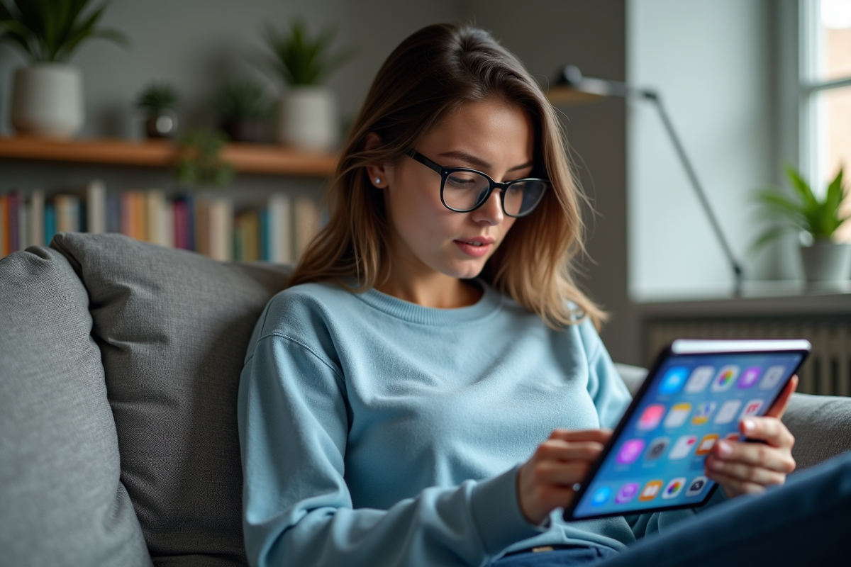 Femme avec tablette dans un salon domestique