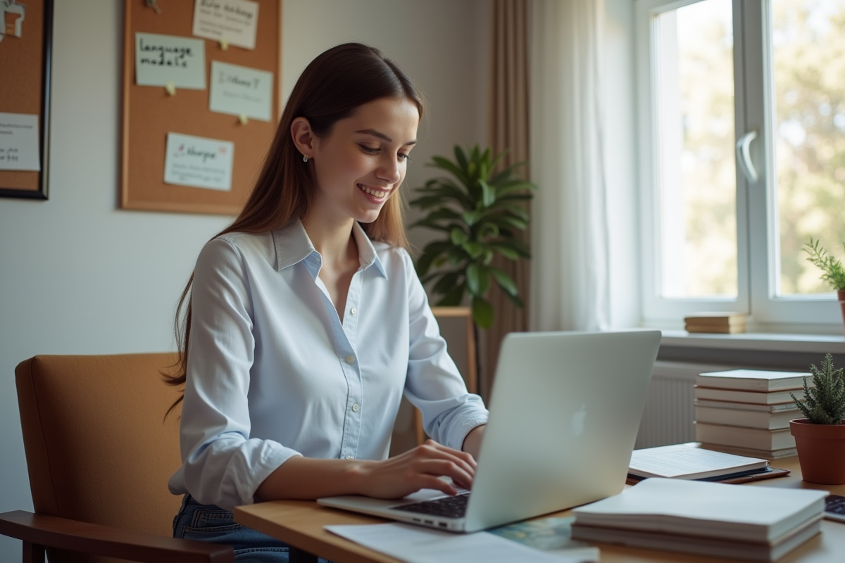 Jeune femme travaillant sur son ordinateur à domicile