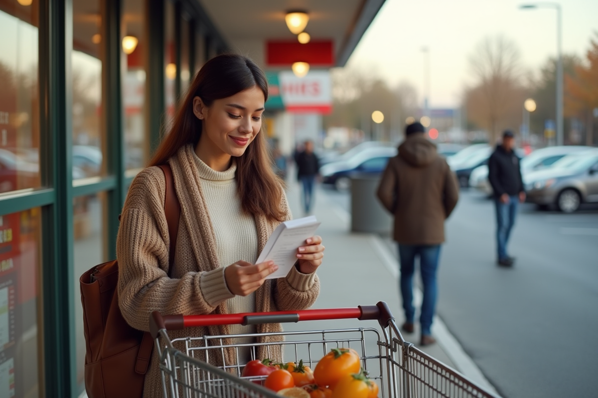 Jeune femme vérifiant un reçu de courses dans un parking