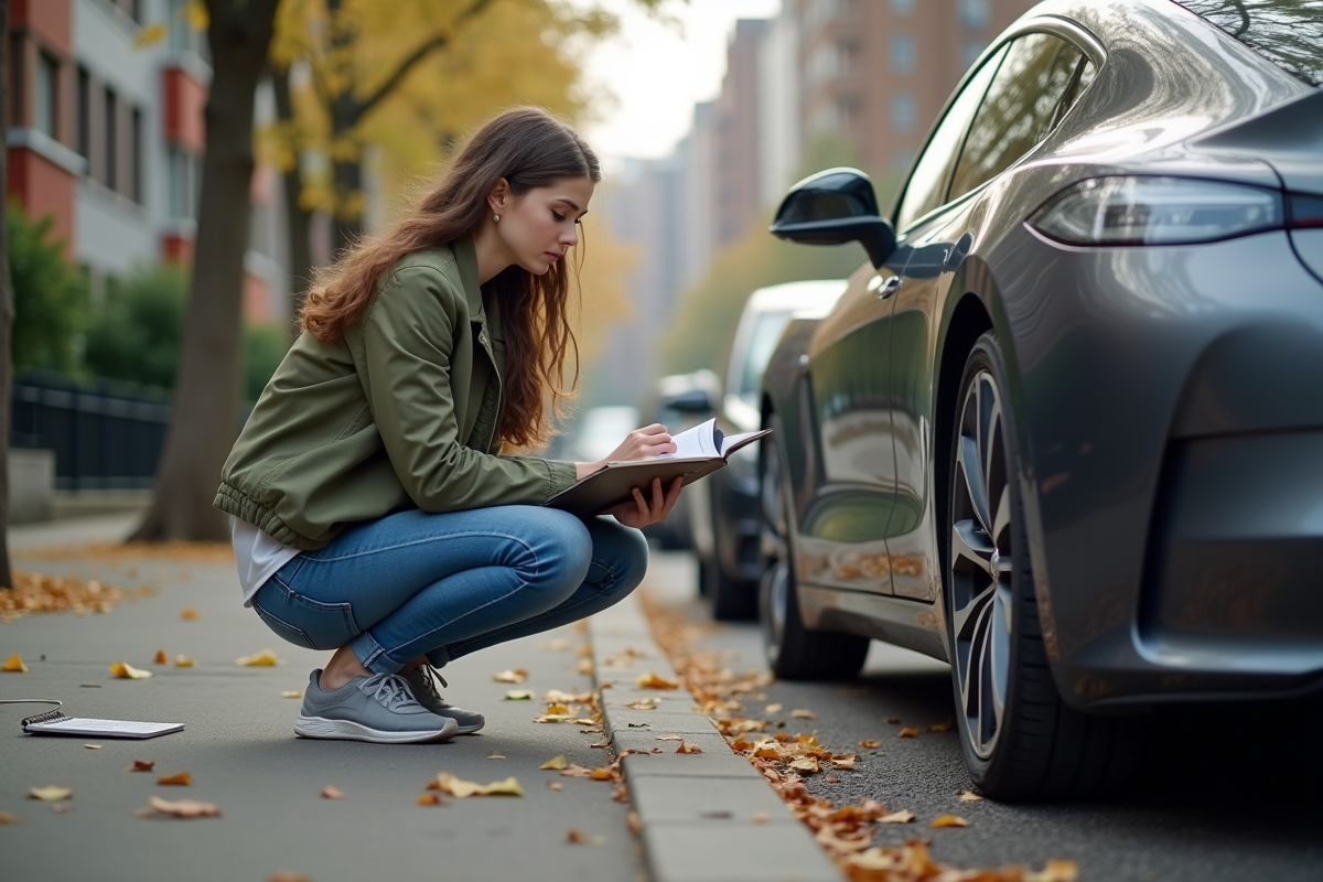 Jeune femme examine l’échappement d’une voiture hydrogène