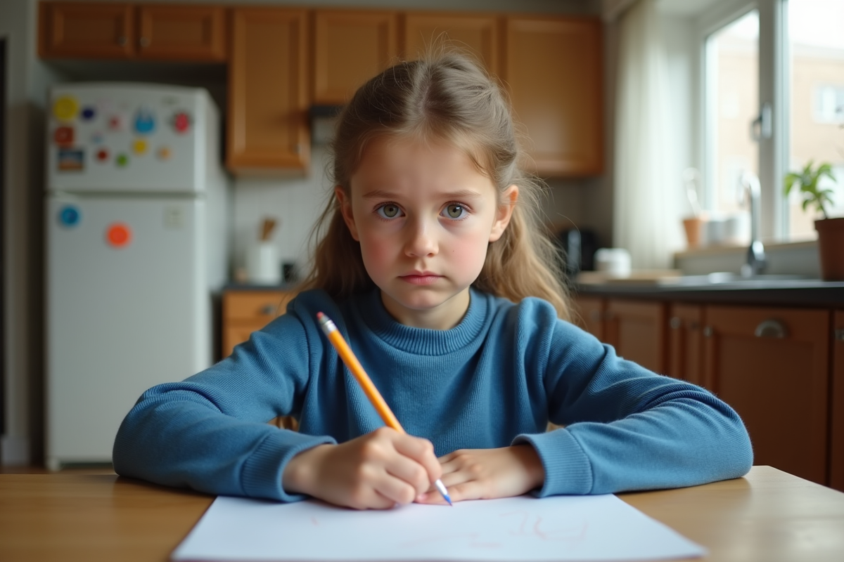 Fille dessinant à la maison dans la cuisine
