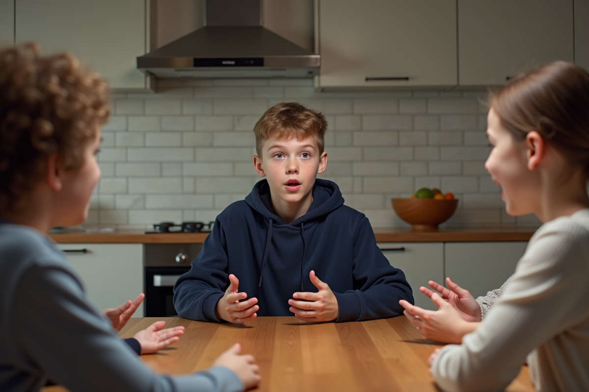 Adolescent racontant une histoire en famille