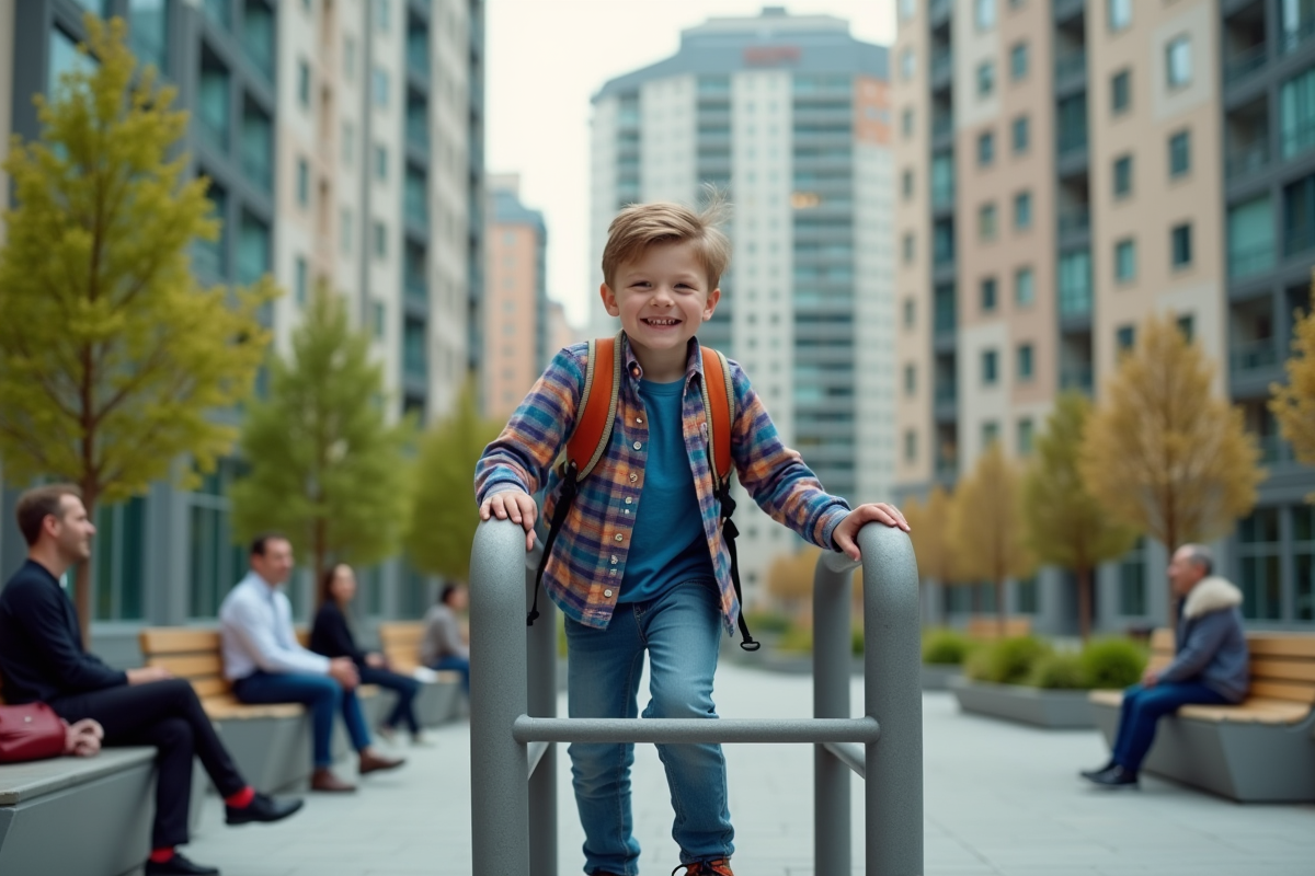 Jeune garçon jouant dans une aire de jeux urbaine