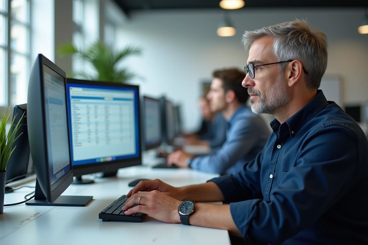 Manager consultant le calendrier des jours fériés français sur un ordinateur de bureau en open space