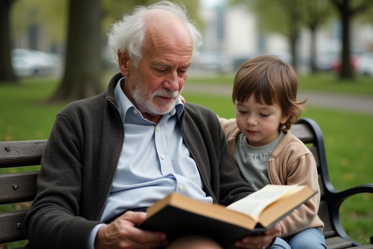 Grand-père partageant un livre avec un petit-enfant dans un parc urbain