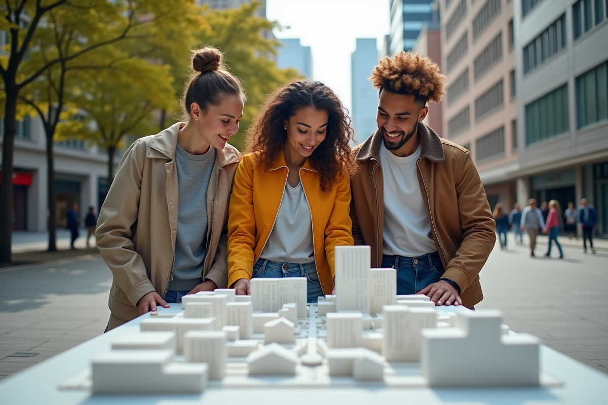 Groupe de jeunes observant un modèle réduit de ville en extérieur