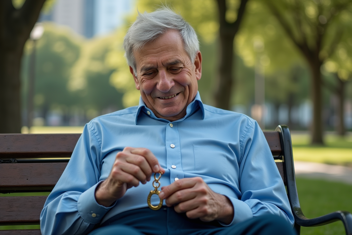 Homme âgé accrochant un pendentif fer à cheval sur un porte-clés