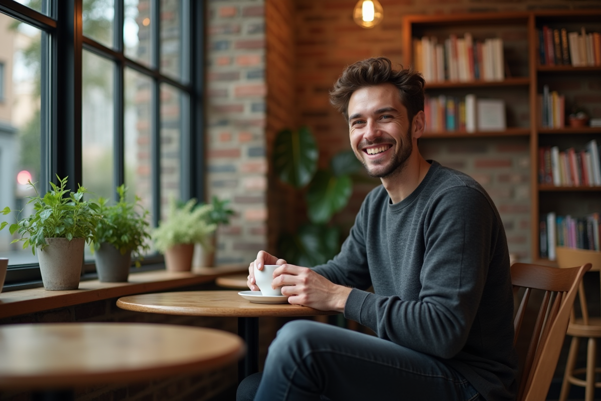 Jeune homme détendu dans un café chaleureux