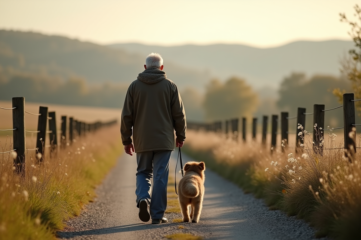Homme âgé marchant avec son chien dans la campagne