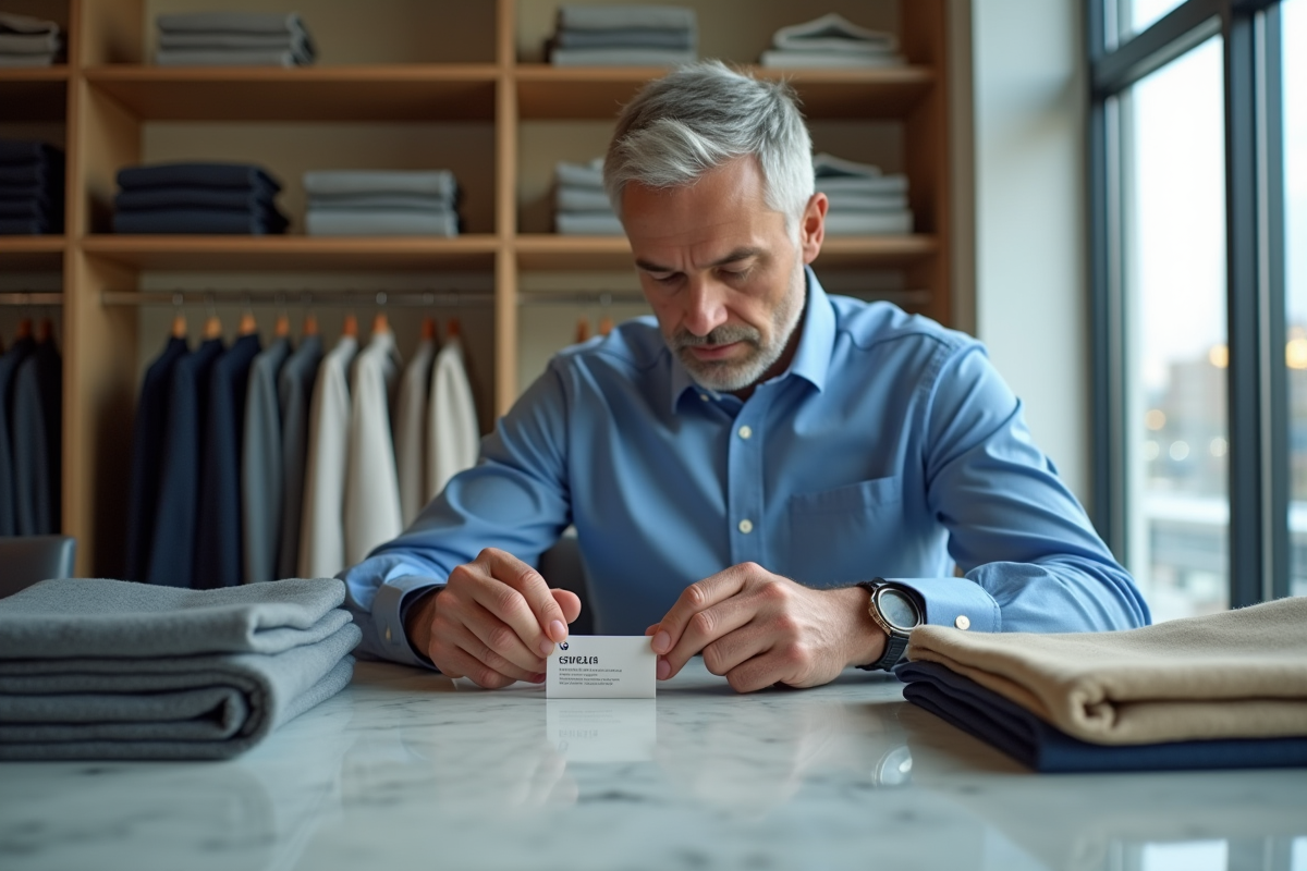 Homme examine des textiles dans un showroom moderne