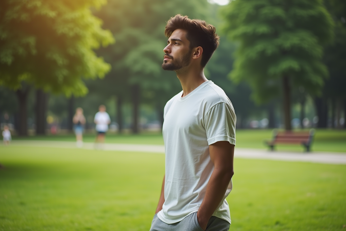 Jeune homme pratiquant une respiration en parc