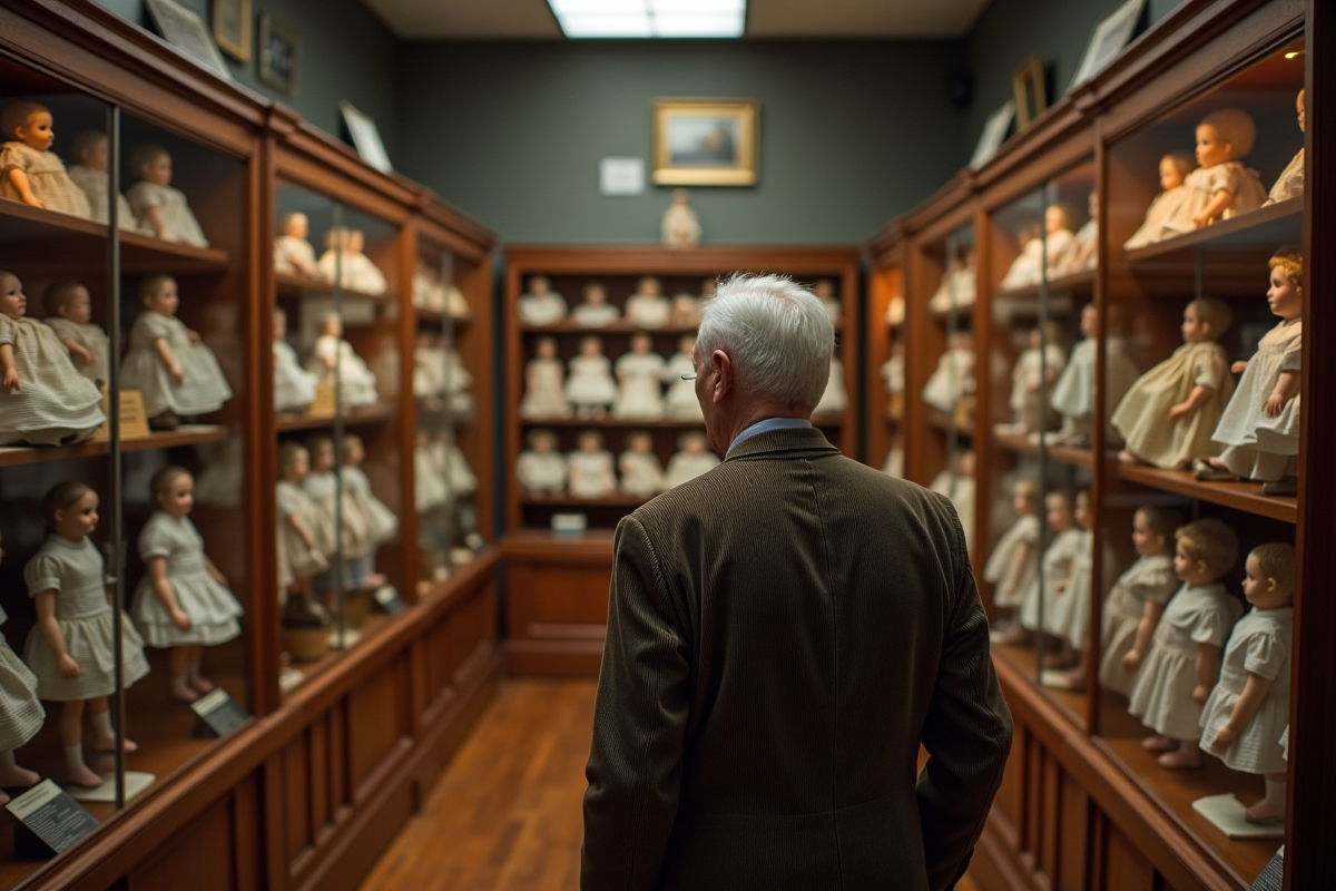 Homme observant des poupées anciennes dans un musée