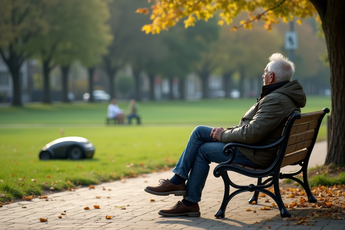 Homme âgé dans un parc observant une tondeuse autonome