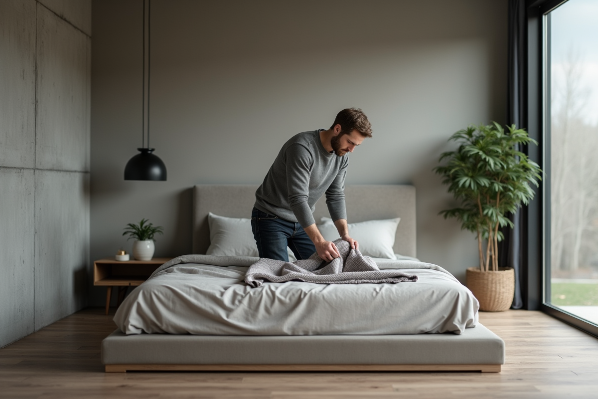 Homme pliant une couverture dans une chambre minimaliste