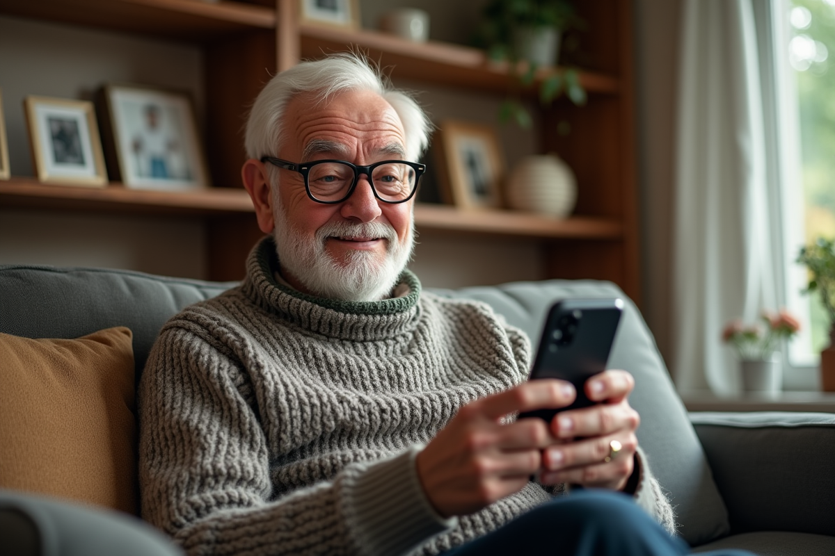 Homme âgé en vidéo appel dans un salon chaleureux