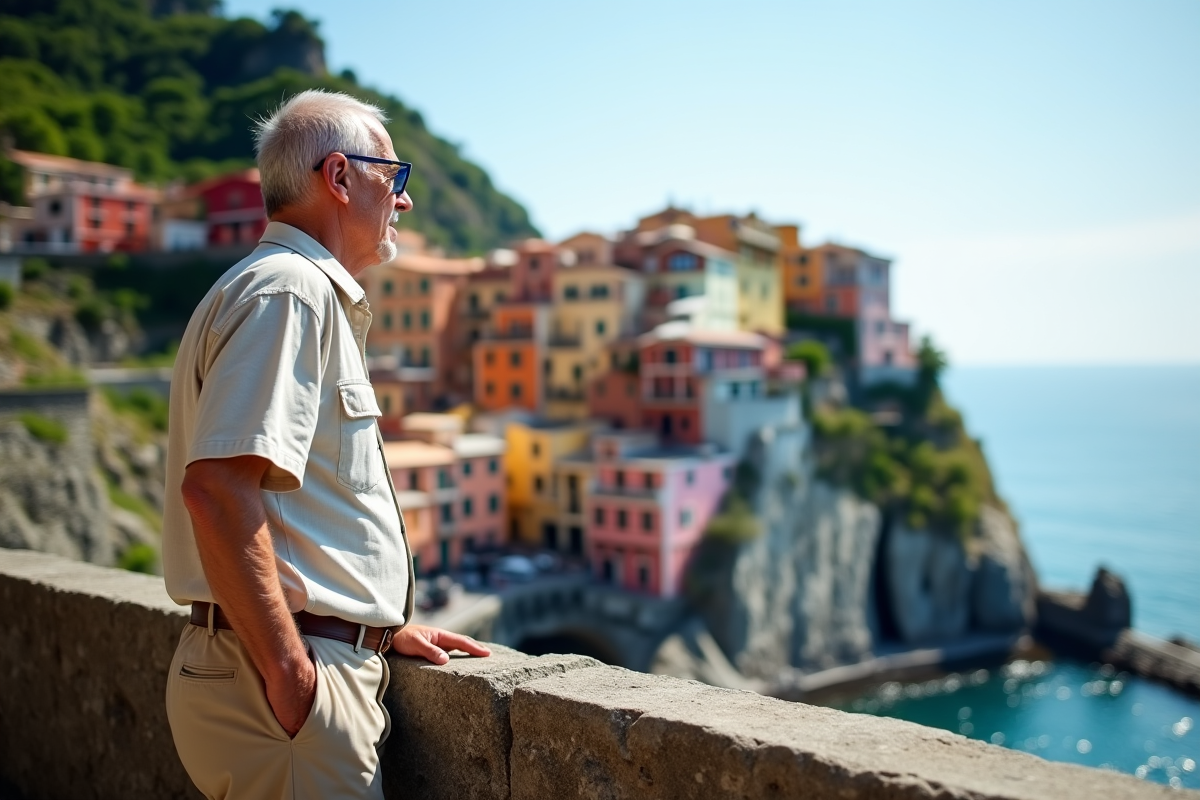 Homme âgé admirant les villages colorés de Cinque Terre
