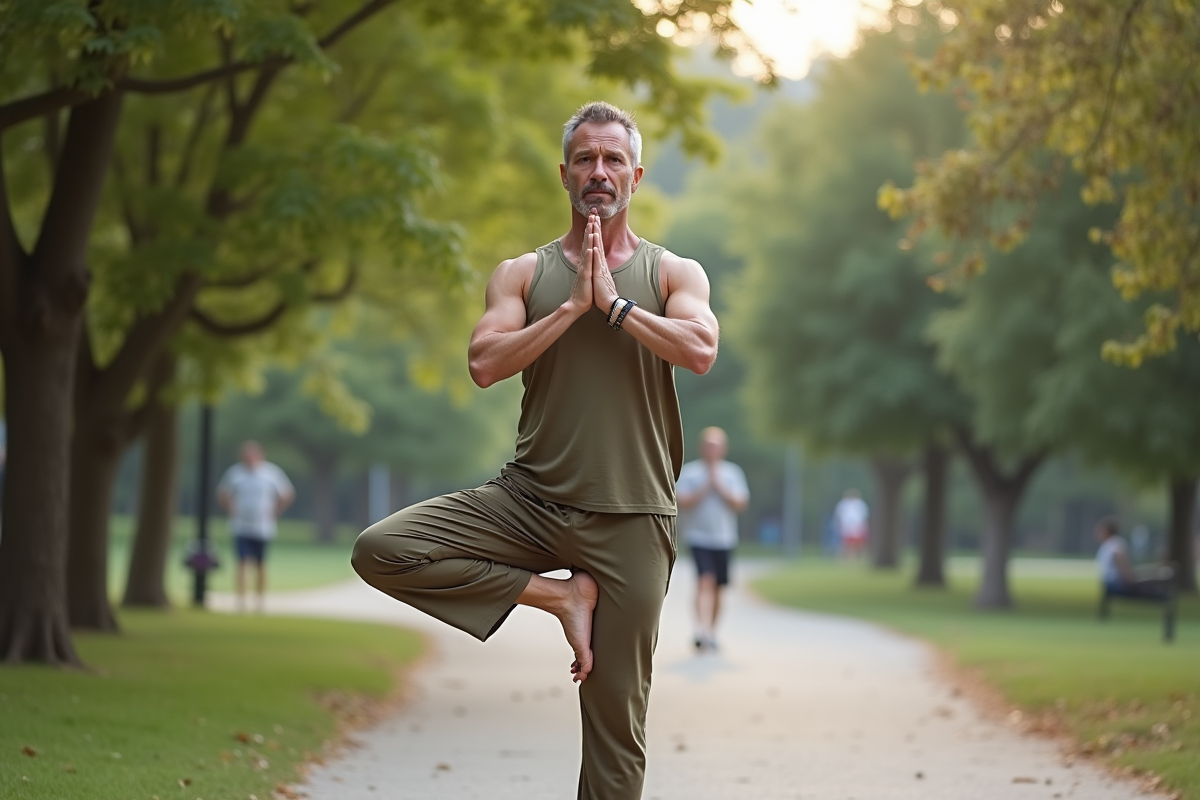 Homme en yoga dans un parc urbain verdoyant